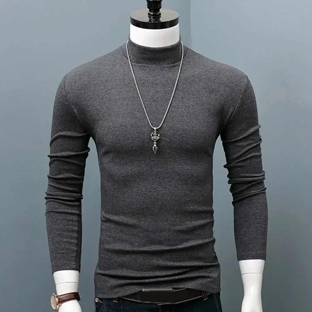 New Winter Warm Men Mock Neck Basic Plain T-shirt Blouse Pullover Long Sleeve Top Fashion Male Outwear Slim Fit Stretch Sweater