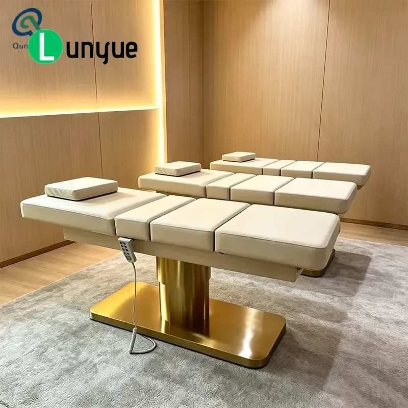 Electric Beauty Bed Luxury Spa Massage Table with Gold Base Curved Design for Eyelash Extensions Facial Treatments