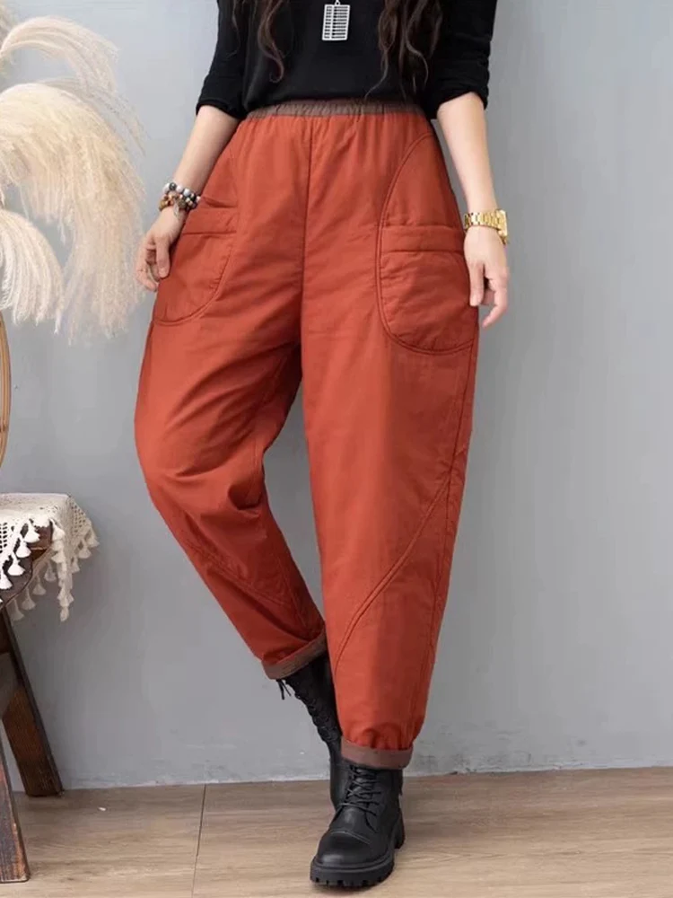 Vintage Patchwork Cotton-Padded Women Harem Pants 2024 New Winter Thick Warm Quilted Office Lady Trousers Windproof Outerwear