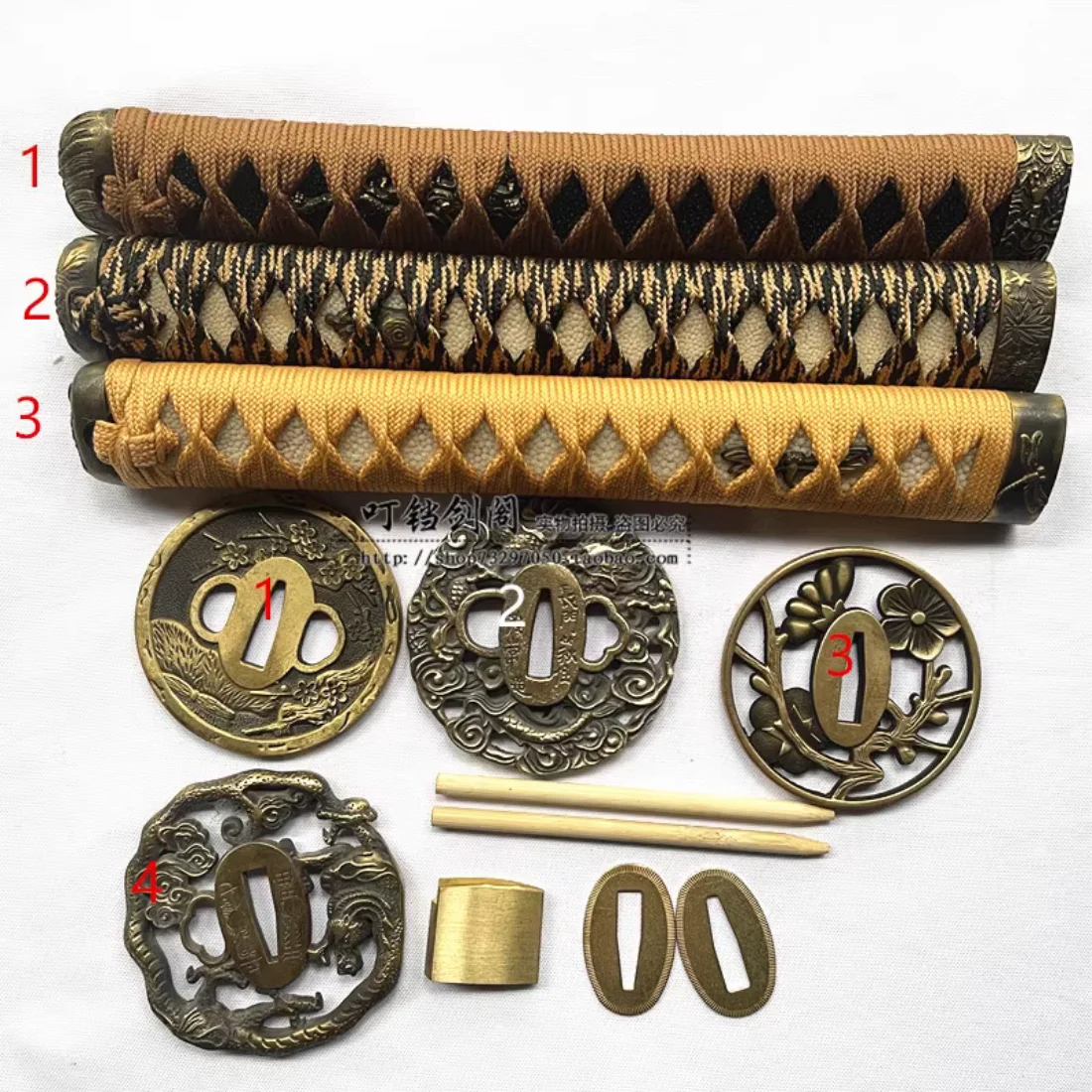 DIY 26cm Slightly Curved Katana Tsuka Set w/ Copper Tsuba,Habaki & Seppa, Genuine Fish Skin, Several Colors for Choice