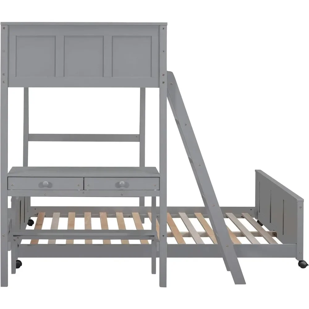 Bunk Beds with Desk and Drawers, Wood Twin Size Loft Bed with Removable Full Platform Bed Frame, Bunk Bed with Ladder