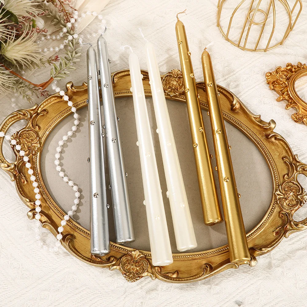 2pc/box 2.1x25cm European-style Electroplated Colored Pearl Long Pole Candle, Smokeless Wedding Dinner Long Conical Wax