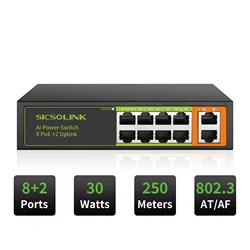 AI Smart 10/6 ports PoE+ Switch ,2 Uplinks,802.3af/at,120W Total Power, 10/100/1000/Mbps, Unmanaged, Fanless