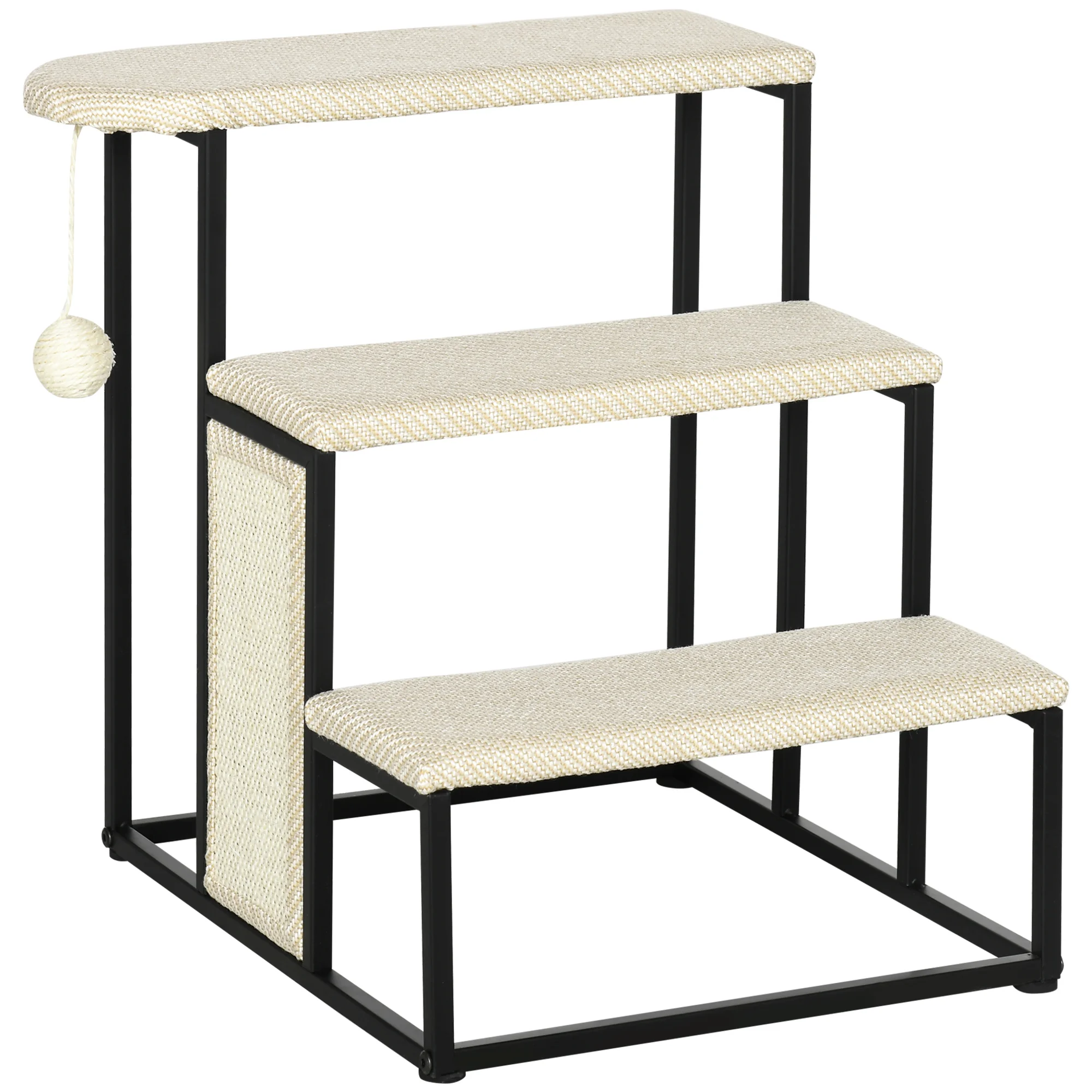PawHut Escalera para Perros de 3 Niveles con Bola Colgante 47x45x47 cm Crema