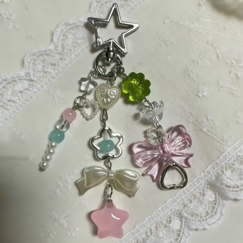 

Y2K Fashion Flower Star Bow Beaded Phone Lanyard Pendant Acrylic Keychain Student Women's Bag Backpack Chain Charm Accessories