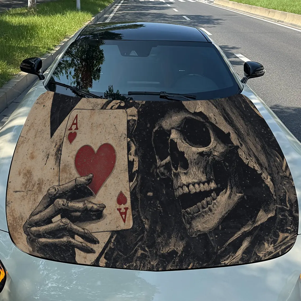 

Skull Ace of Hearts PVC Car Hood Wraps, Self-Adhesive Waterproof Car Bonnet Decal Sticker, Car Decoration Protection Stickers fo