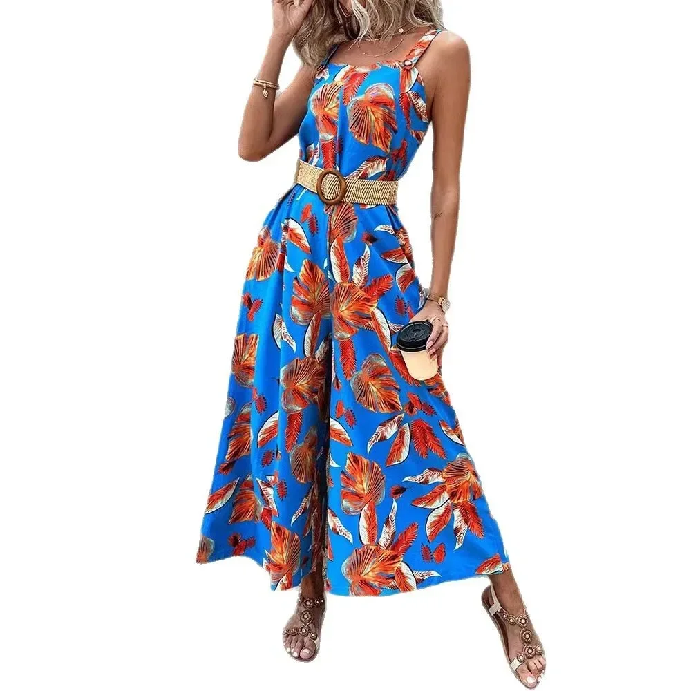 Novedad de verano para mujer, pelele con estampado Floral que se pega a la cintura, vestido sin mangas con cinturón, diseño todo en uno cómodo y a la moda