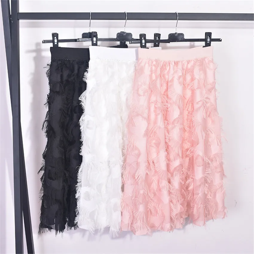 

Gowyimmes 2022 New Fashion Summer Women Feather Skirt Elegant Lady High Waist Skirts Slim Midi Long A-line Skirt Bottomings 1219