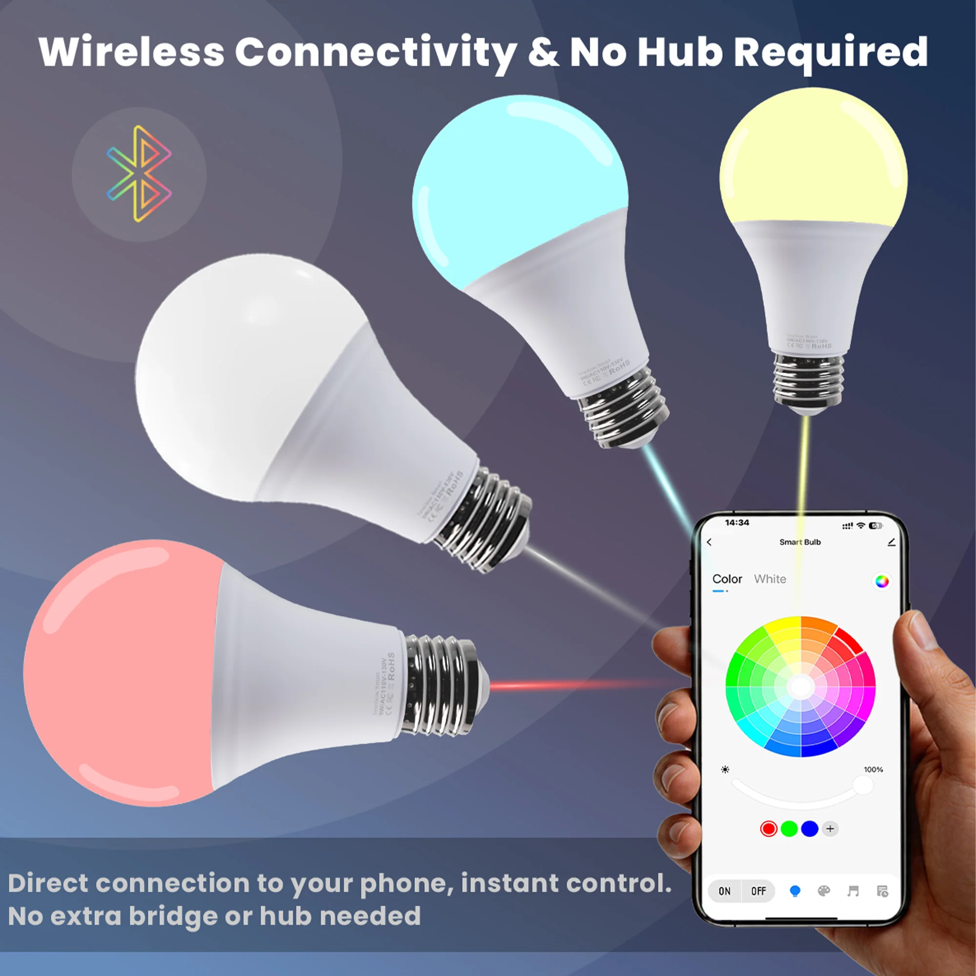 4pcs Smart Bulbs, RGB Color Changing LED, Music Sync, Timer Function, App Control, A19 E26 60W Eq for Home Gaming Party Decor.