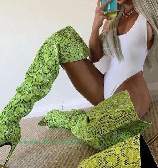 Lady Colorblock Snake Print Side Zipper Pointed Toe Open Boots Sexy Fashion Over Knee Boots Thigh Sandals&Boots Footwear 44