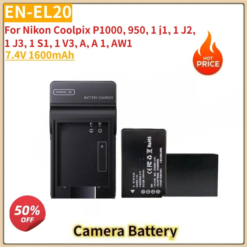 

For Nikon Coolpix P1000 1 S1 V3 A A 1 950 1 J1 J2 J3 AW1 Camera 7.4V 1600mAh EN-EL20A EN-EL20 Battery + Charger