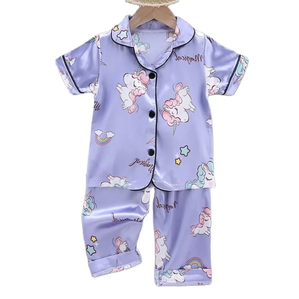 Ensemble pyjama et pantalon d\'été pour filles, vêtements climatisés pour tout-petits garçons, chemise de nuit Lce inj Satin Cartoon Nairobi orn,