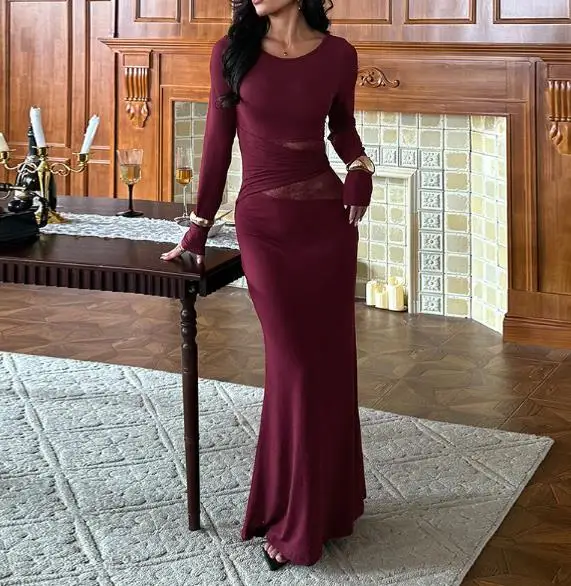 

2026 Spring/Summer New Women's Fashion Elegant Round Neck Long Sleeve Hollow Lace Splicing Slimming Tight Dress