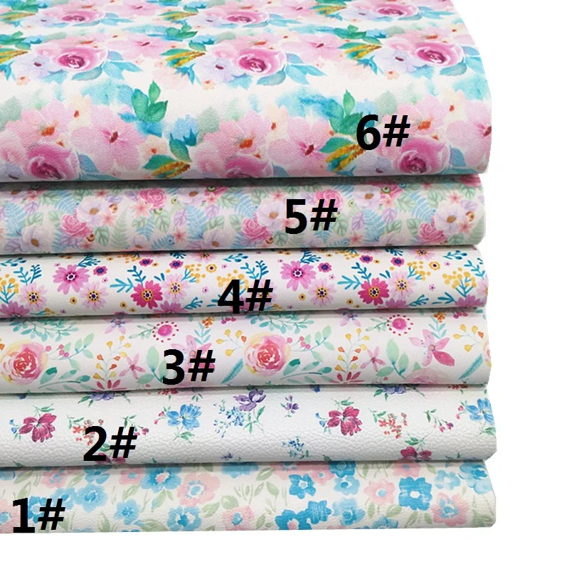 Pink Blue Mixed Small Flowers Custom Synthetic Leather Sheets Felt Backing Faux Leather Fabric for DIY Craft 8.2