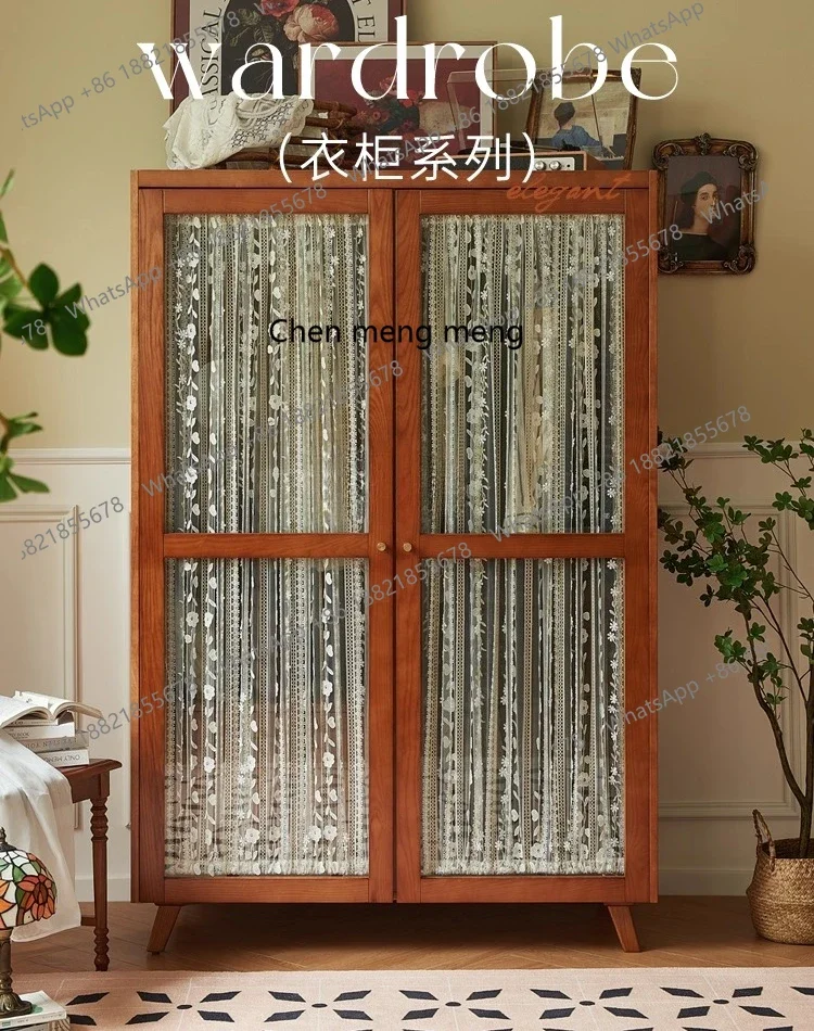 X  Retro solid wood wardrobe glass double door, free combination storage cabinet for home use