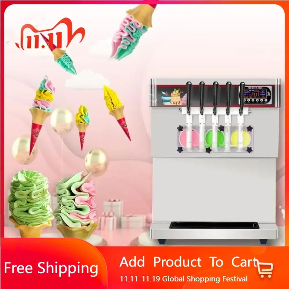 Commercial desktop soft ice cream machine,5 different discharge nozzles,upper water tank for refrigeration,transparent dispenser