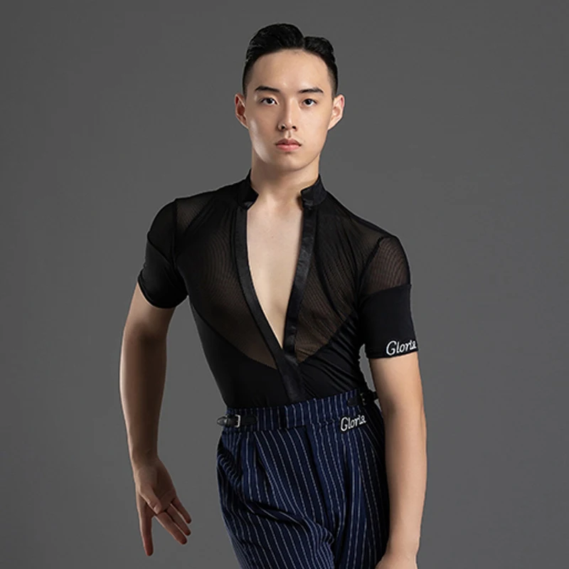 

2026 New Latin Dance Competition Costume For Men Stand Collar Cardigan Mesh Shirts Samba Chacha Adult Latin Dance Tops XH1265