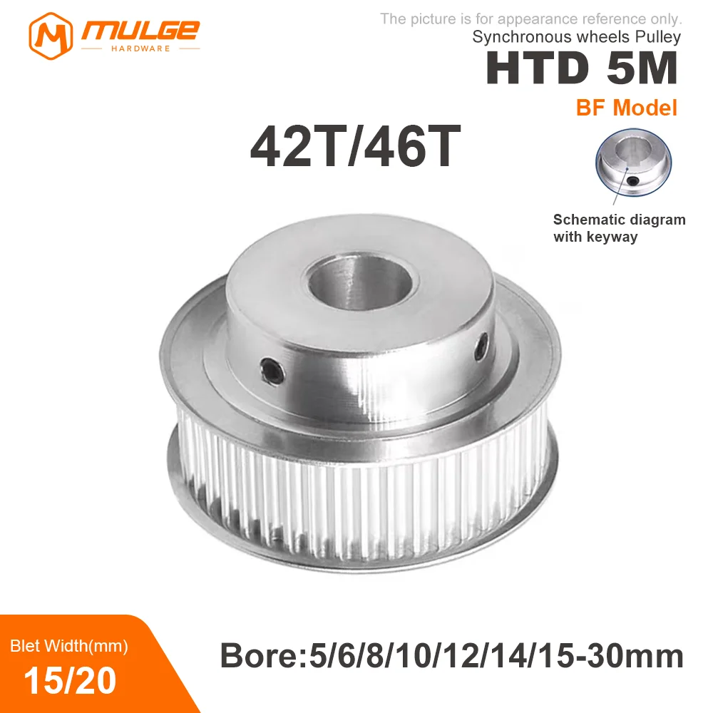 

HTD 5M Synchronous Pulley BF Type 42/46Teeth Bore 5-30mm Teeth Pitch 5 mm Slot Width 16/21mm For 15/20mm 5M Timing Belt