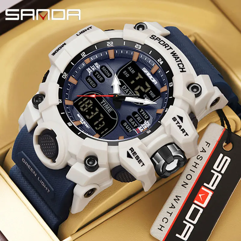 SANDA Dual Display Men Watches Waterproof Sports Watch Military Man Alarm Stopwatch Quartz Wristwatch Male LED Digital Clock6126