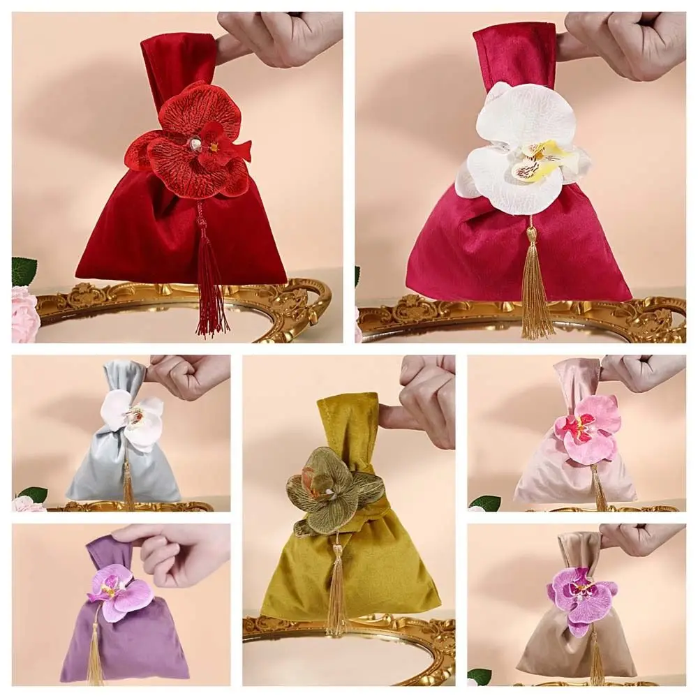 Tassel Velvet Knot Handbag Tope Handle Vest Shape Flower Wrist Bag Wedding Candy Bag Large Capacity Festive Sugar Bag