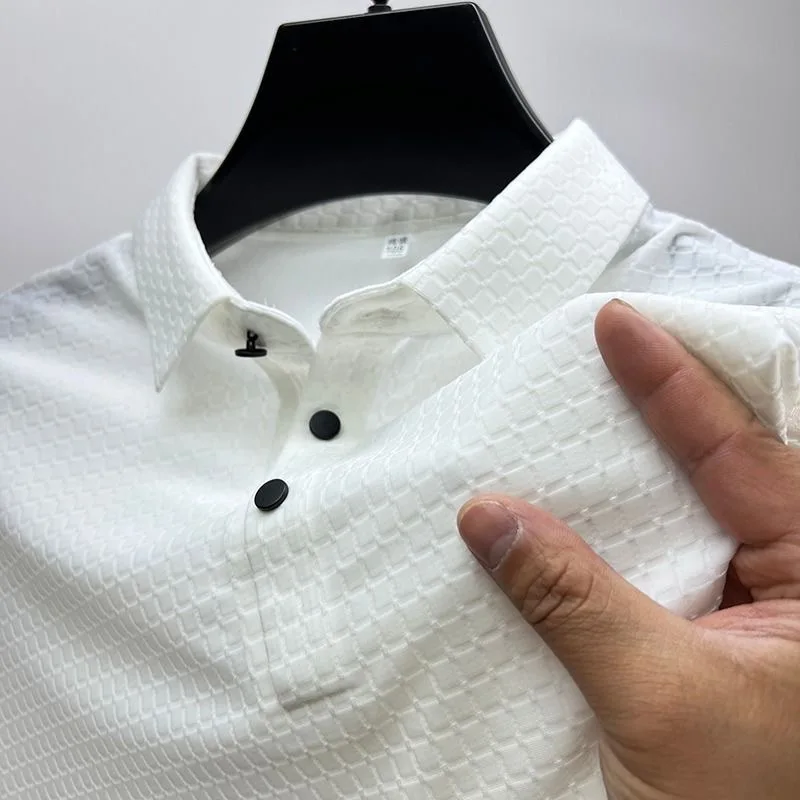 Fashion Waffle White Short Sleeved T-shirt Men's Lapel 2023 Summer Youth High-end Ice Silk Breathable Casual Polo Shirt M-4XL