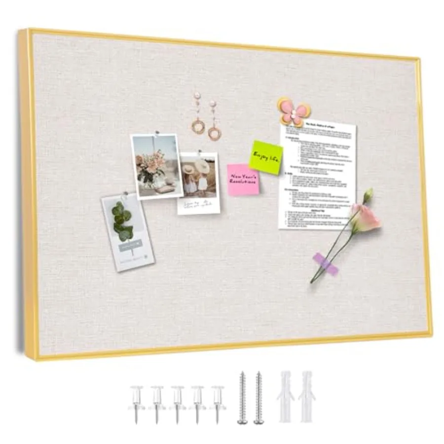 

Bullet Board with Golden Alumum Frame, Oatmeal White Fabric Cork Board for Walls, 29.519.7 ch P Board with Push Ps for Office H