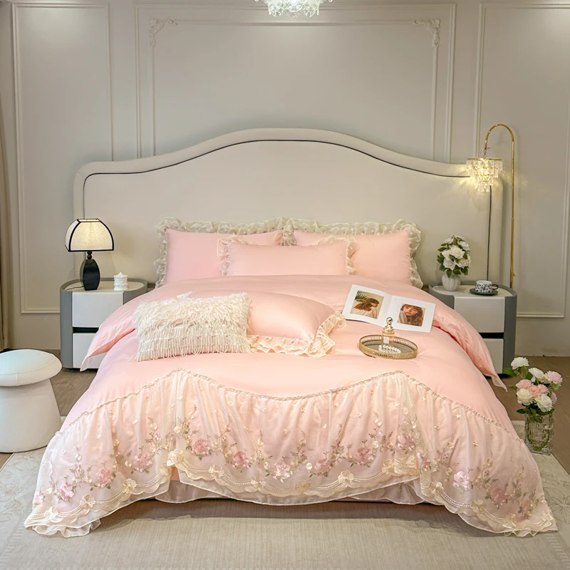 

Pink 100% Cotton Princess Lace Flower Embroidery Bedding Set Luxury Wedding Duvet Cover Sets Bed Sheet Pillowcases Home Textile