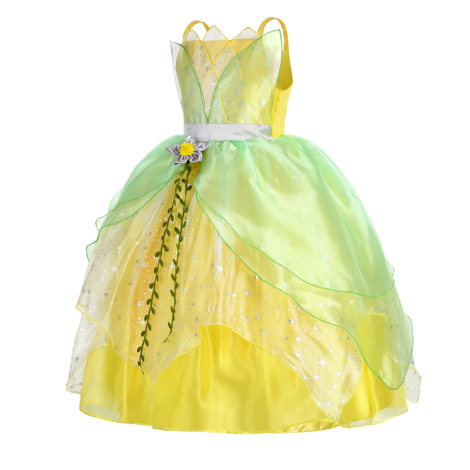 Disney Princess Tiana Dress Movie Prince And Frog Characters Play Costume Children Halloween Birthday Carnival Party Outfits