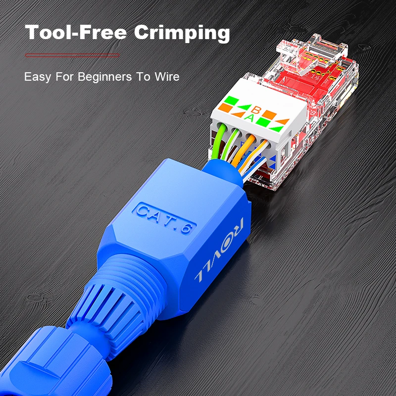 ROVLL Tool Free RJ45 CAT6 CAT6A UTP Modular Plug Connector 22AWG-24AWG for Stranded Solid LAN Network Cable Reusable Jack