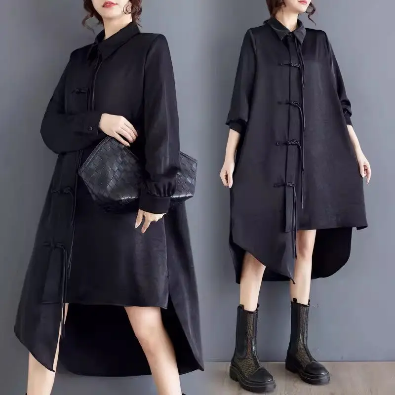 

Long Sleeve Shirt Dress For Women 2024 Autumn New Lapel Collar Design Buckle Mid Length Asymmetric Dress K2120