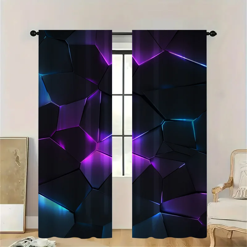 2pcs Neon Geometric Curtains with Rod Pocket, Purple Blue Futuristic Pattern Sheer, Modern Sci-Fi Glow for Themed Room