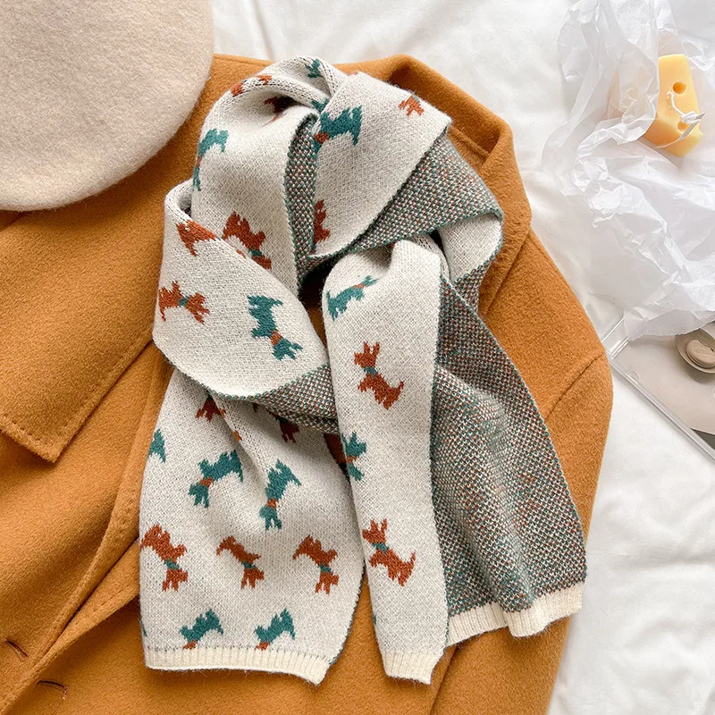 Autumn Winter Fashion Animal Dog Jacquard Knitted Scarf Soft Warm Ladies Long Plain Neckerchief