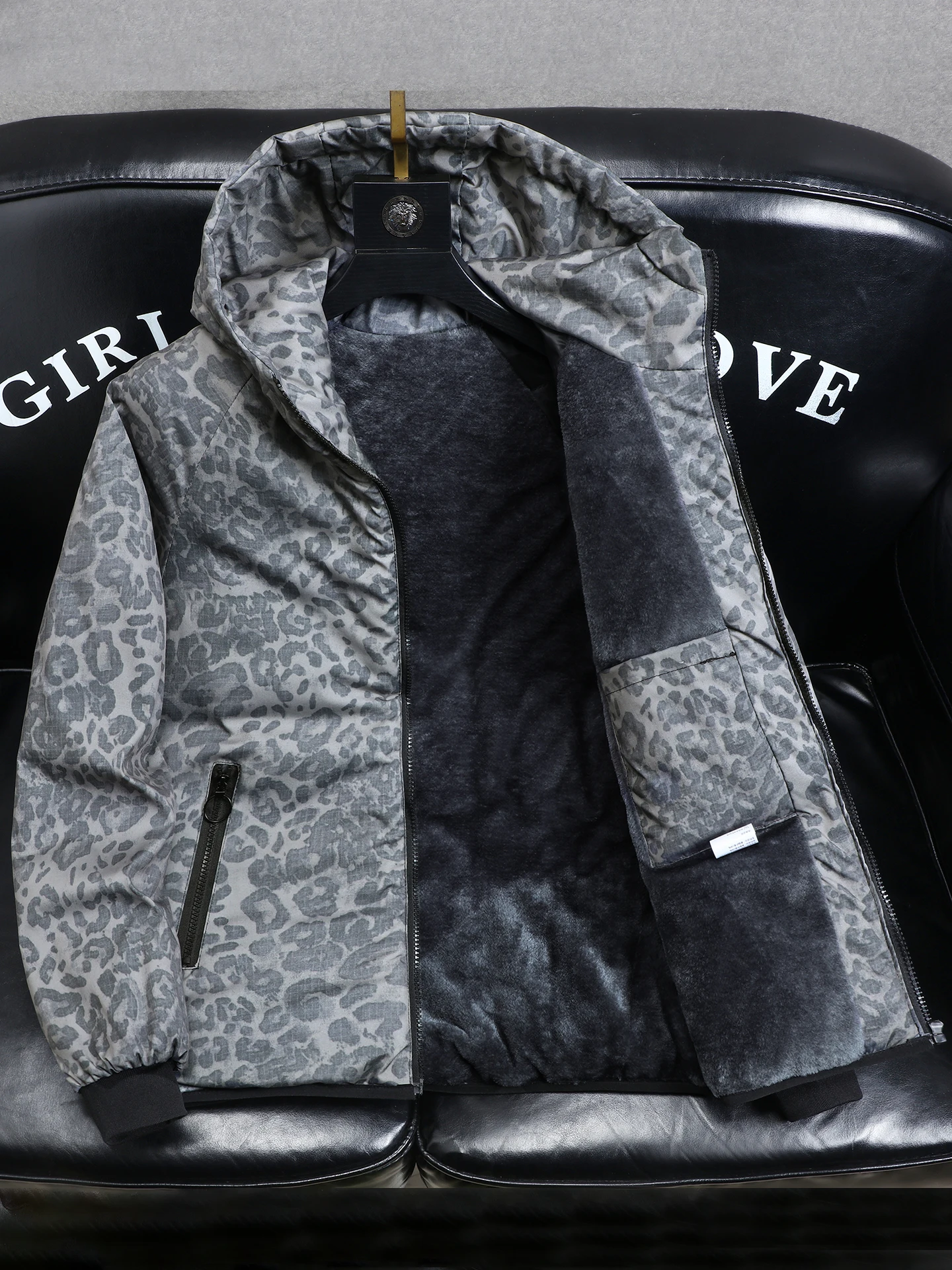 

Autumn Winter Thiened Men's Cotton Jaet Leopard Print Fce Lined Warm Coat Casual Youth Sle Zipper Closure Long Sve
