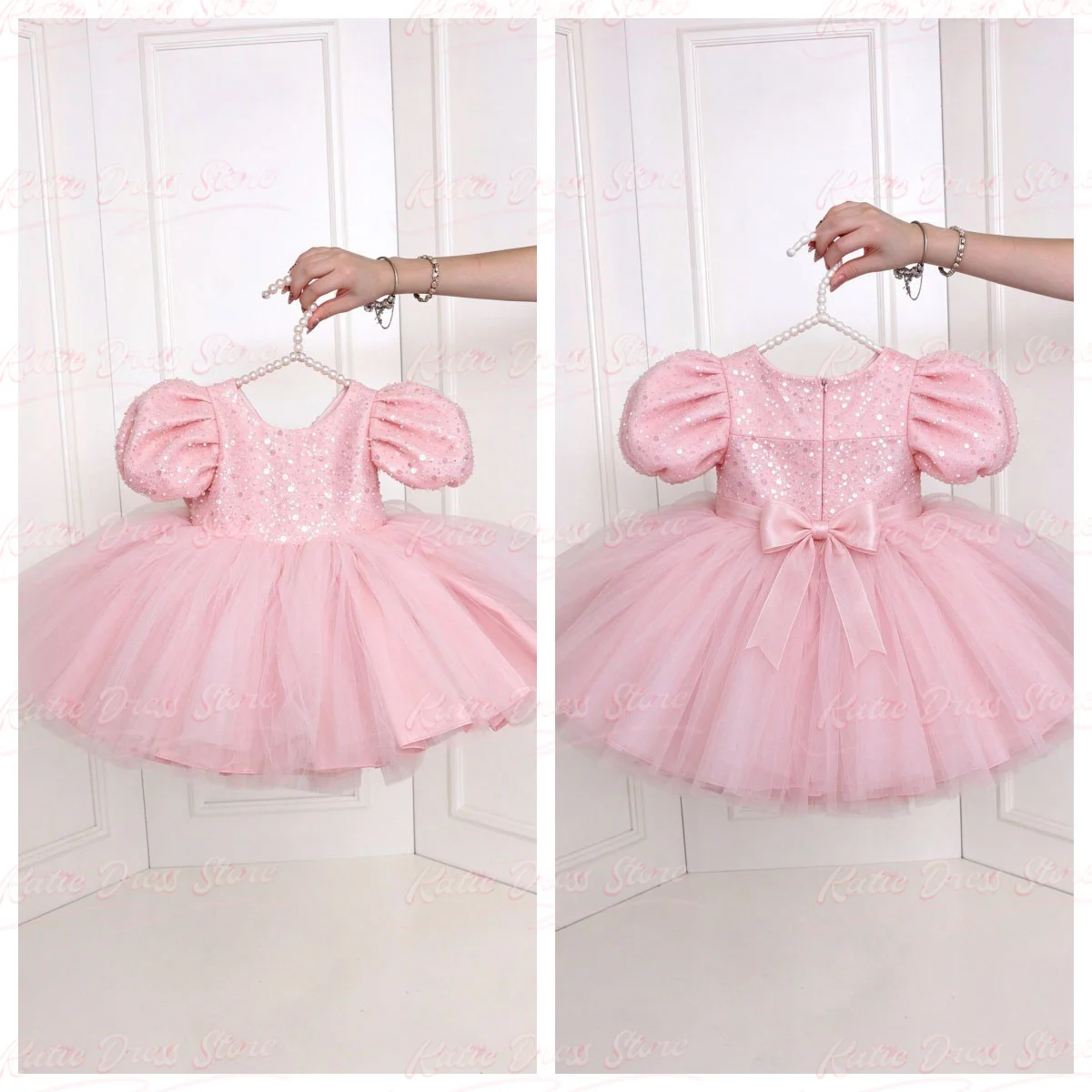 Lovely Customized Pink Sequins Flower Girl Dress for Wedding Tulle Puffy with Bow Kids Birthday Party First Communion Ball Gowns