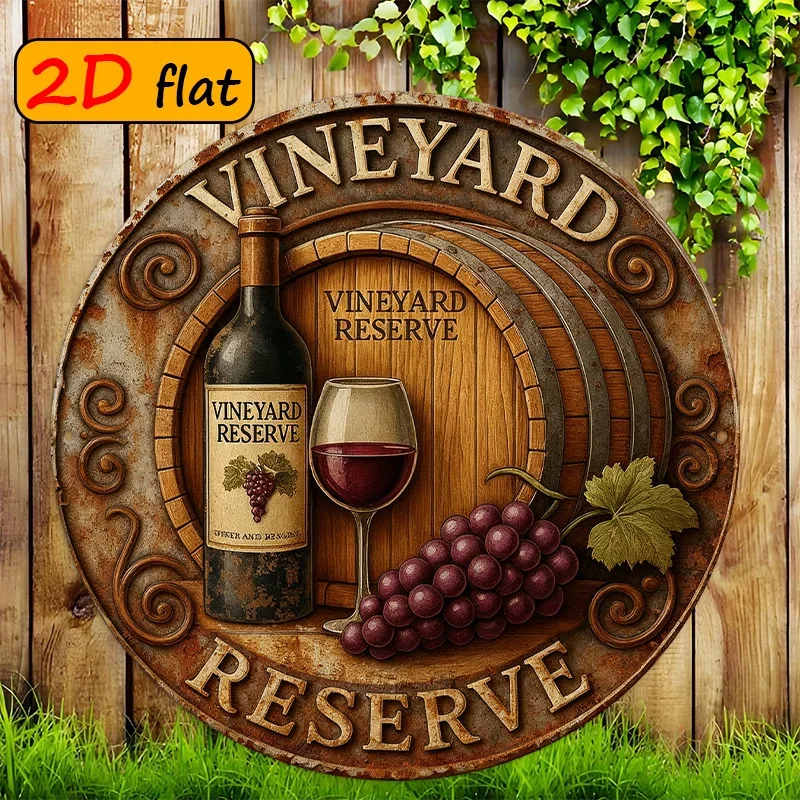 2D Flat Vintage Vineyard Reserve Wine Grape Barrel Round Metal Sign Retro Rustic Tin Plate Wall Decor for Bar Wine Cellar Kitche