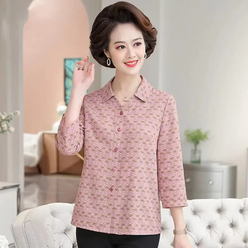 

Women's New Stitched POLO Collar Button Print Fashion Loose Versatile Casual Three Quarter Sleeve Shirts