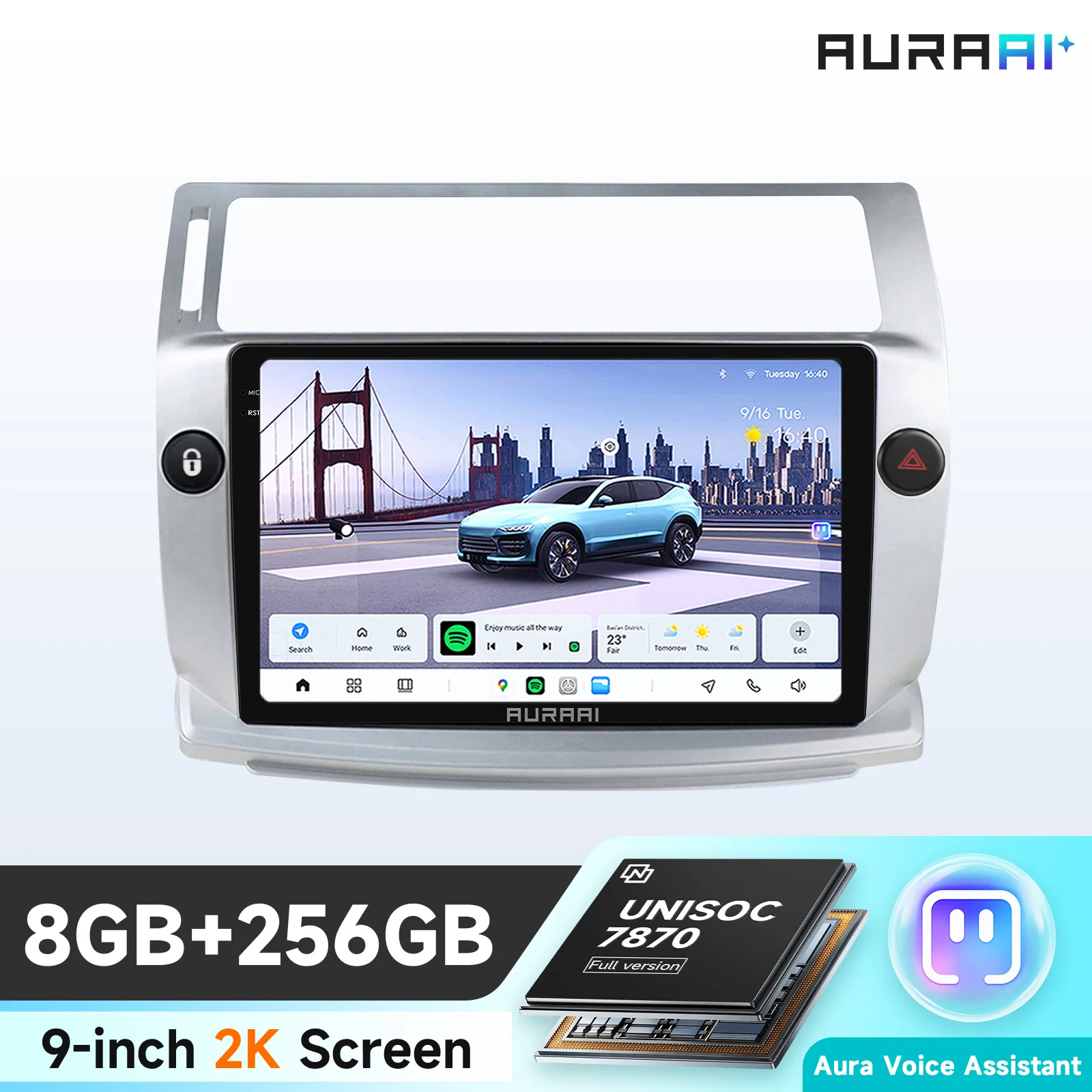 Écran intelligent Android AURAAI X100 pour Citroën C4 C-Triomphe C-Quatre 2004 - 2009 UIS7870 4G BT Auto Carplay ADAS 360CAM