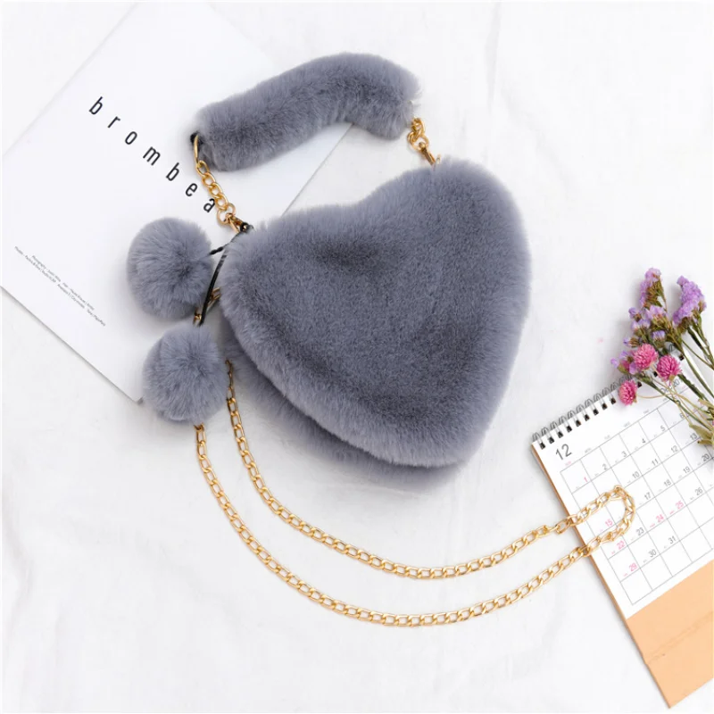 Luxury Faux Fur Heart-shaped Women Small Handbags Fluffy Plush Ladies Chain Shoulder Bag Fashion Female Furry Daily Clutch Purse