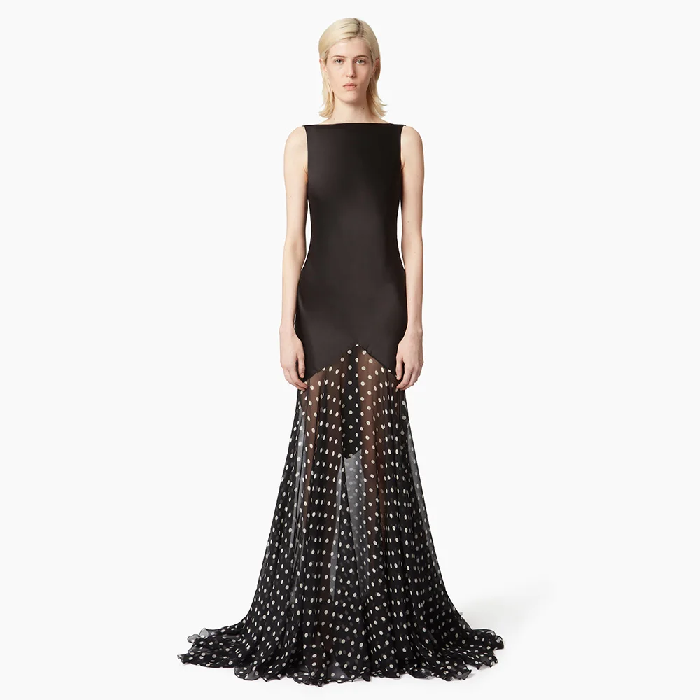 Modern Evening Dress Black Satin Dots Chiffon Backless Sexy Evening Gown Mermaid Sleeveless Trumpet Women's Formal Party Dresses