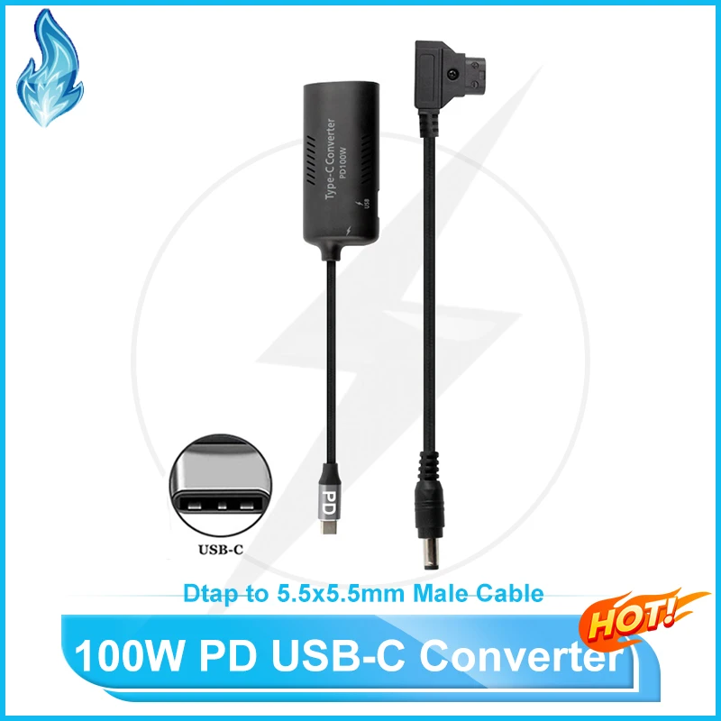 

Универсальный адаптер-конвертер 100 Вт PD USB Type-C на USB-C/D-TAP с кабелем 5.5x2.5 мм (штекер) для дронов, ноутбуков, телефонов, камер
