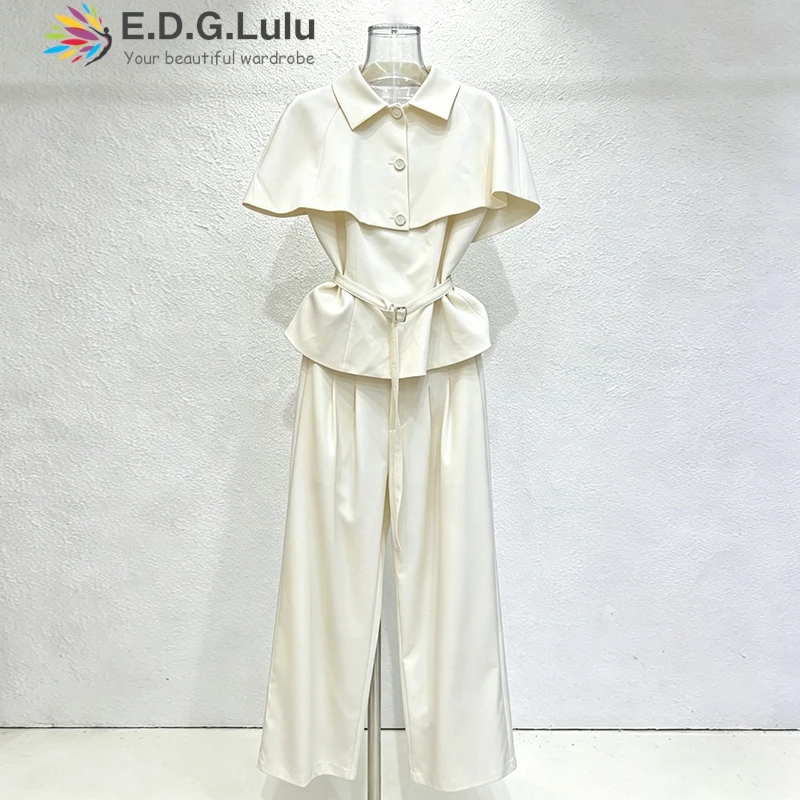 EDGLuLu New Style Lapel Cape Style Shawl Short Sleeved Shirt+Wide-Leg Pants White Suit 2 Pieces Set For Woman 0608