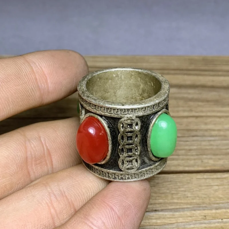 Antique Silver Plated Inlaid with Red and Green Gemstones Lucky Pattern Men's Thumb Ring
