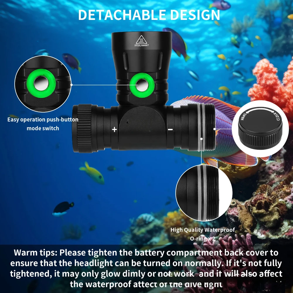 Glare LED Scuba Diving Headlamp IPX8 Waterproof Headlight Underwater 200M 26650 Battery Dive Head Torch Charge Display Lantern