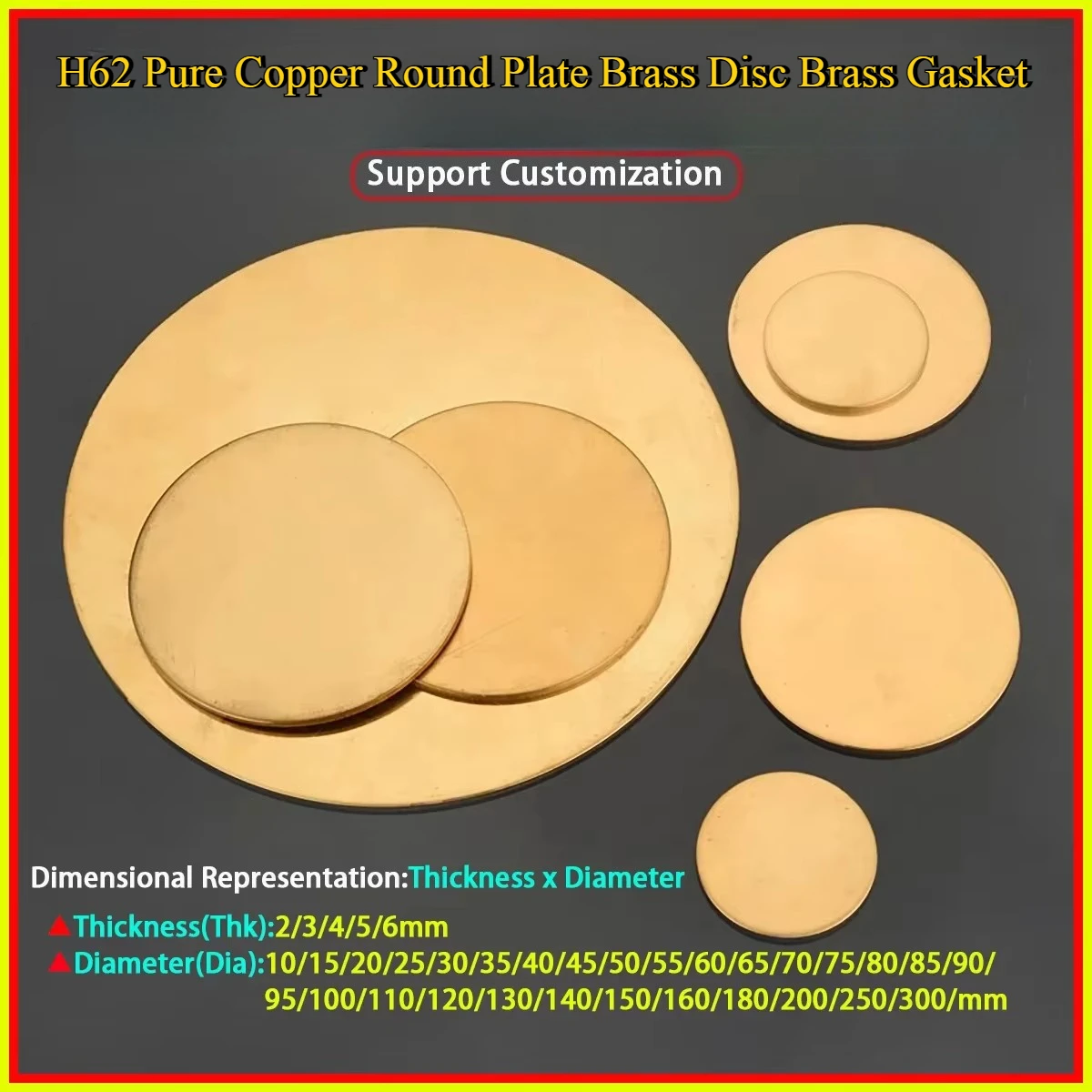 

H62 Solid Brass Discs/Sheets/Plates, Flat Metal Gaskets for DIY, Craft, and Industrial Use Thk2/3/4/5/6mm, Dia 10-300mm Round