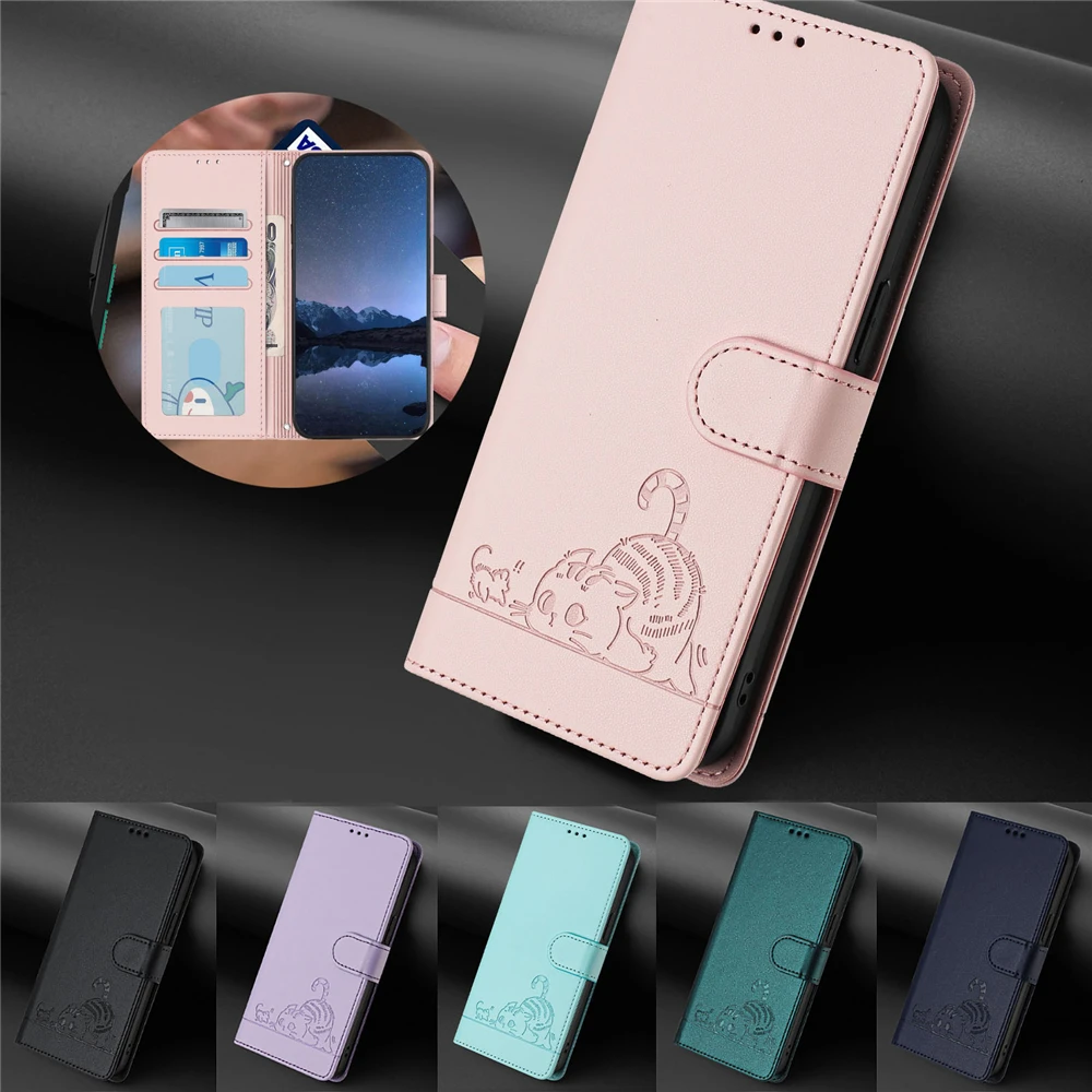 2024 Чехол для Cat Leather Case For Oppo Realme C67 C65 C55 C25 C15 C63 C61 C53 C33 C30S C30 C25S C21Y C21 C11 C20 C12 Flip Wall