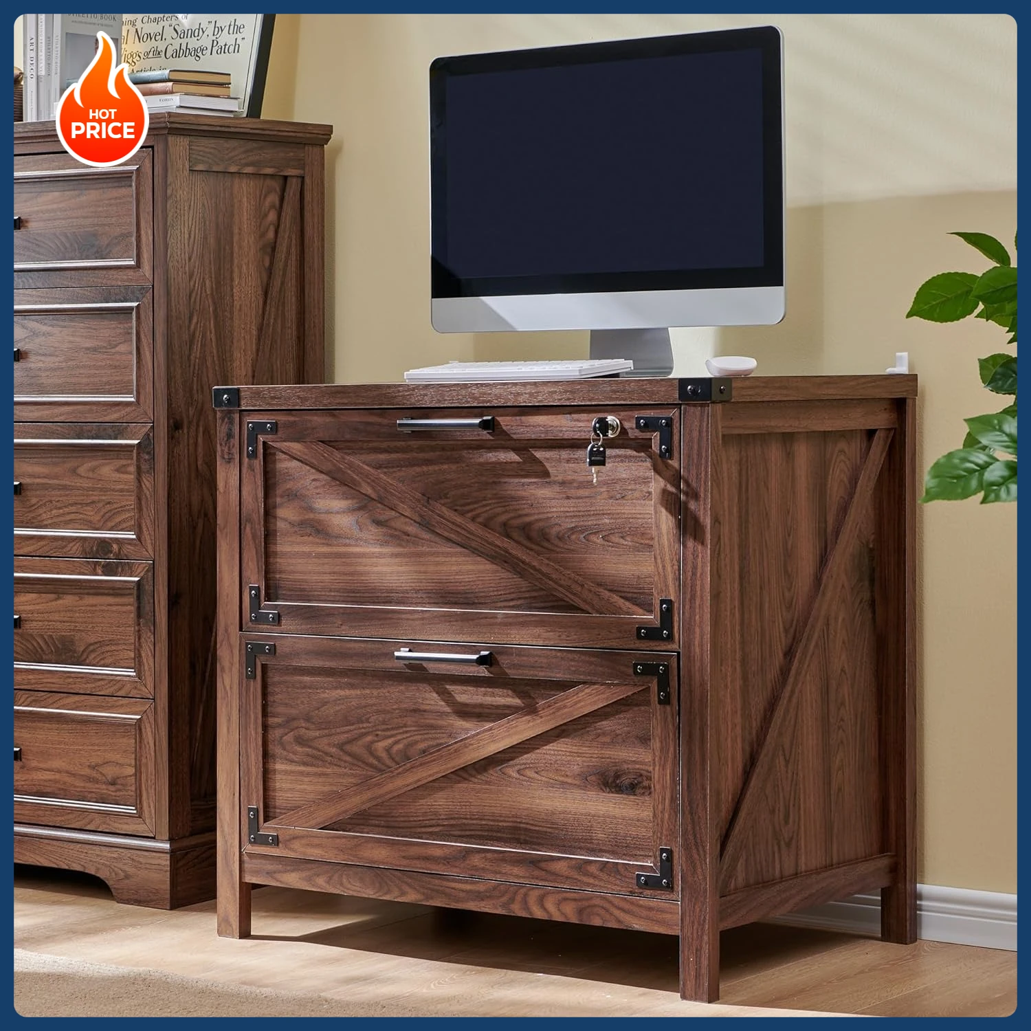 [Hot Deal!]2 Drawer Farmhouse File Cabinet, Lateral Filing Cabinet with Lock for Home Office, Compatible Legal Letter A4 F4 Size