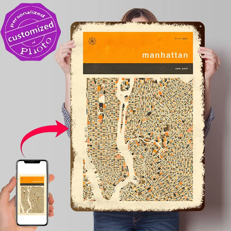 Manhattan NYC Map Art Print Poster Retro 3D Printed Metal Signs Customized Wall Hanging Gift for Interior Decoration Living Room