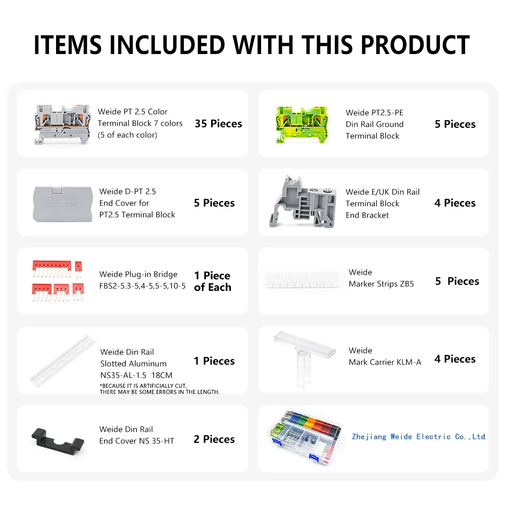 PT2.5 Din Rail Terminal Blocks Kit 12AWG Spring Contact End Cover Stop Plug-In Jumper Bridge Marker Strip Assembly Combined 1Set