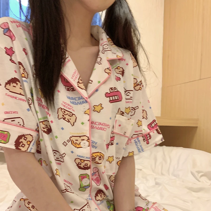 Kawaii Cartoon Print Summer Pajamas Set Women Single Breasted Shirts + Shorts Casual Pink Sleepwear Pocket Soft Home Suit Sweet