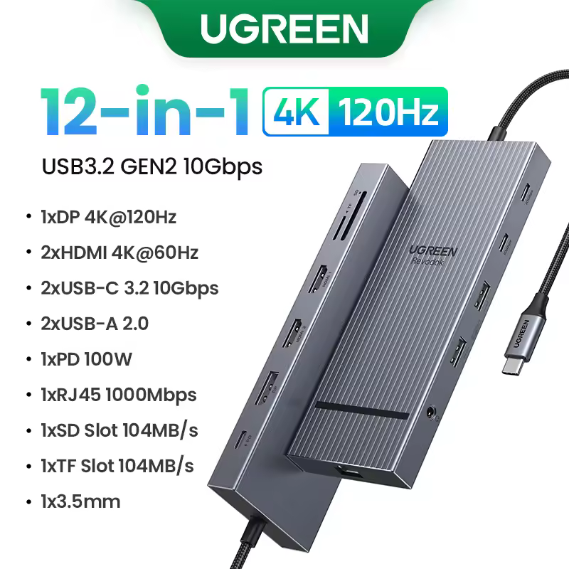 UGREEN 12-in-1 USB HUB Type-C to 2HDMI 4K120Hz DP USB3.2 10Gbps SD/TF RJ45 PD100W for MacBook Dell HP Laptop Accessories Docking - Image 9